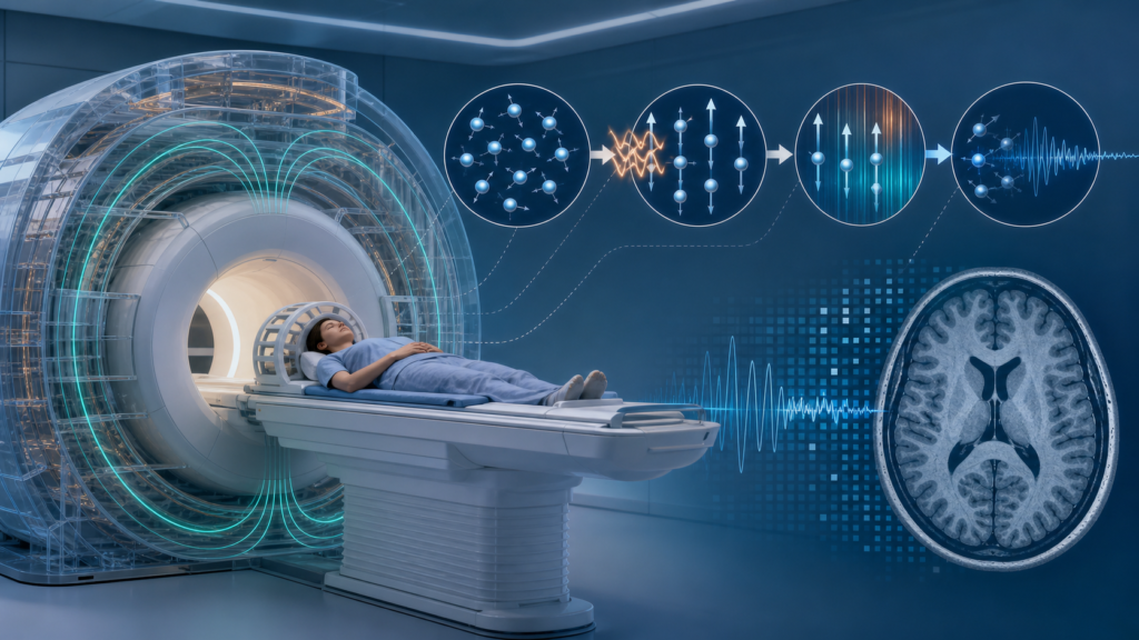 MRI 장치 안의 환자와 양성자 정렬, 고주파 신호, 뇌 단면 재구성 과정