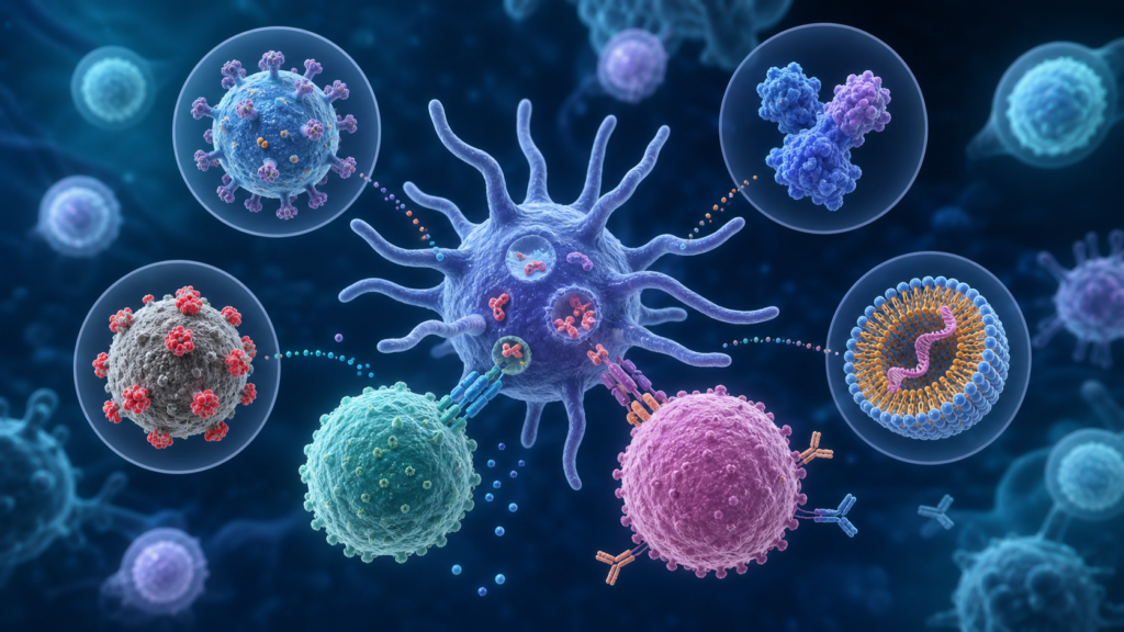 수지상세포가 T세포와 B세포에 항원을 제시하고 약독화·불활성화·단백질·mRNA 플랫폼이 면역기억을 만드는 과정을 표현한 교육 이미지