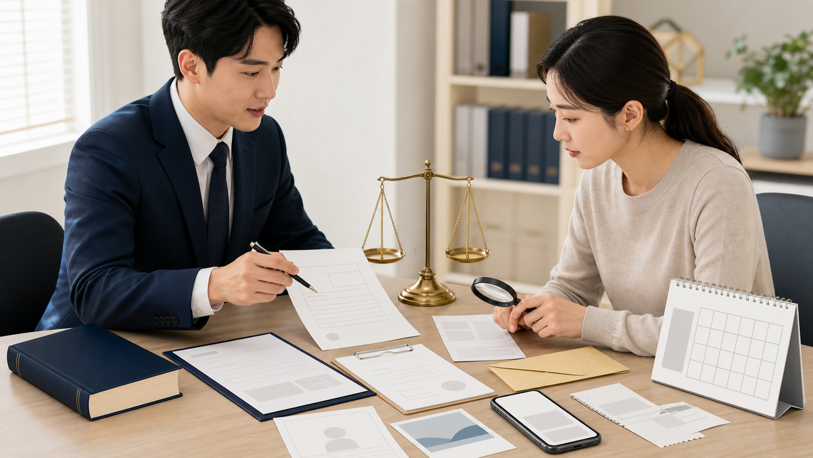 시민과 상담자가 무문자 계약서·달력·영수증을 놓고 날짜와 증거를 함께 확인하는 교육 이미지