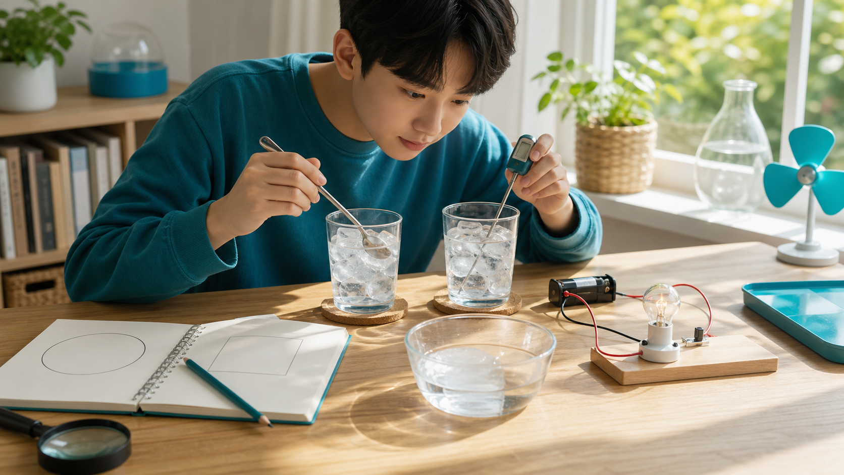 집 안 탐구 테이블에서 두 얼음컵과 온도 도구, 전구 회로를 비교 관찰하는 교육 이미지