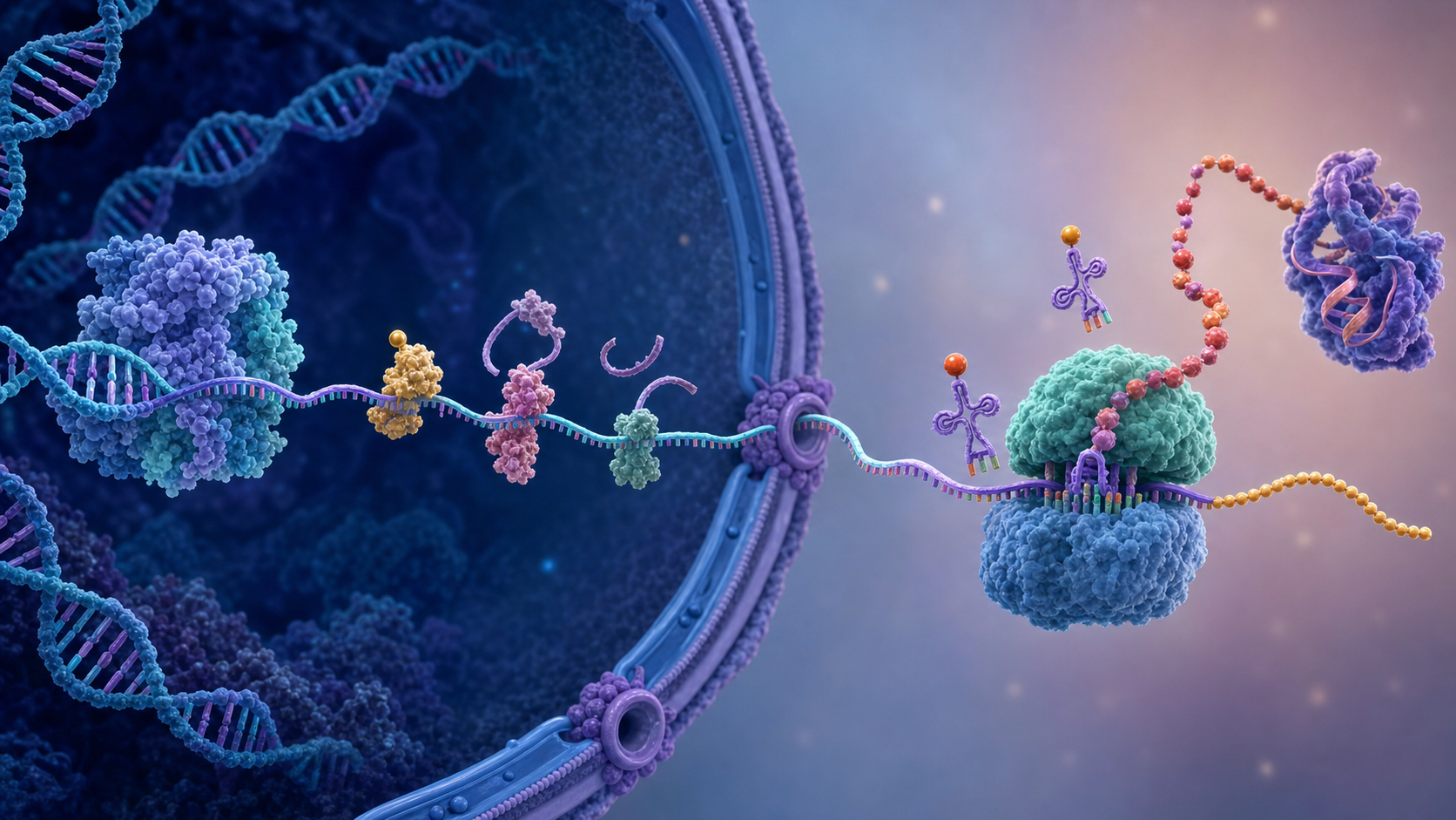 세포 안에서 DNA 전사와 RNA 가공, 리보솜 번역이 이어지는 과정을 나타낸 무문자 교육 이미지