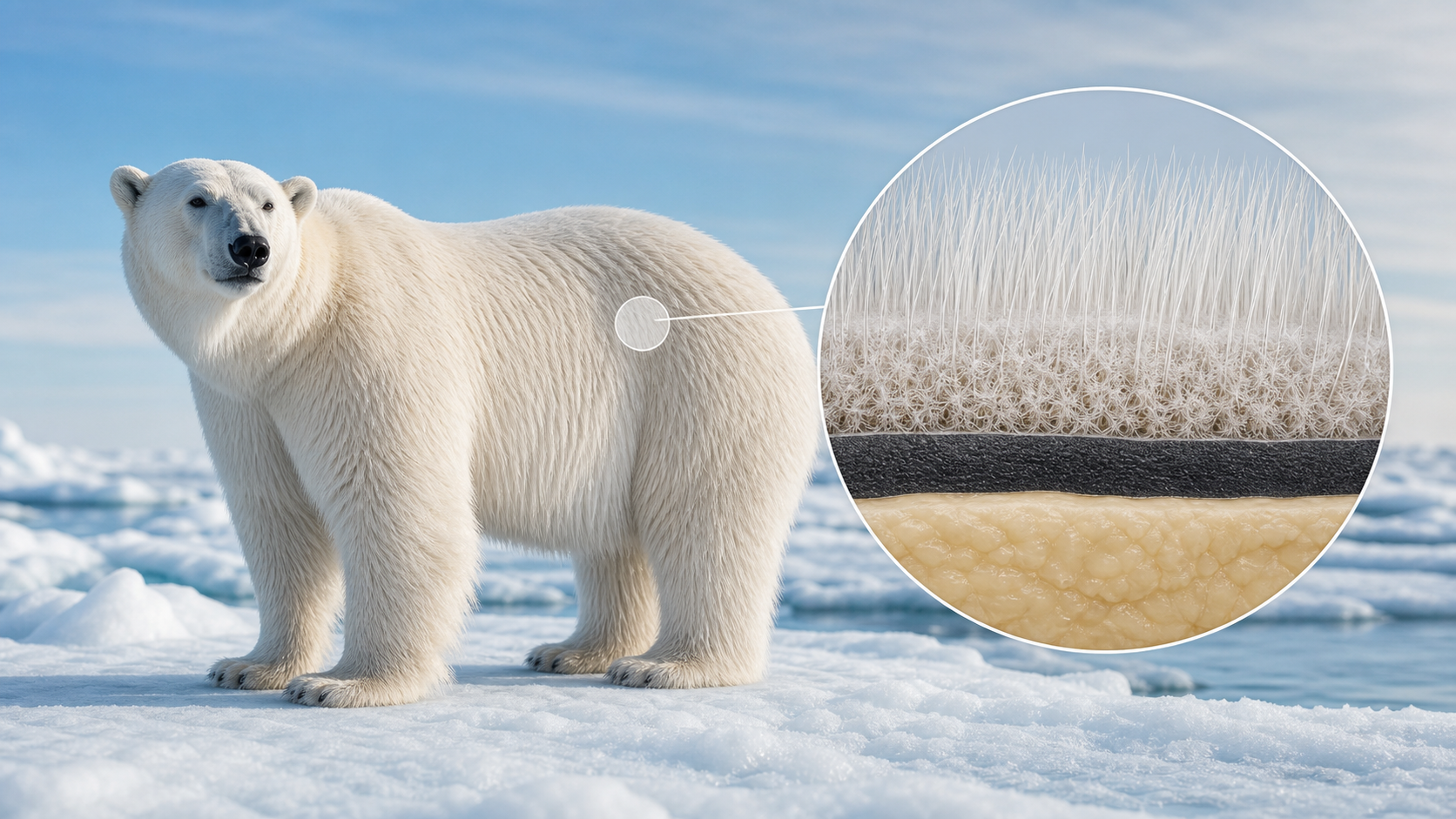 북극 얼음 위 북극곰과 투명한 보호털, 검은 피부, 지방층의 단면을 함께 보여주는 교육형 장면